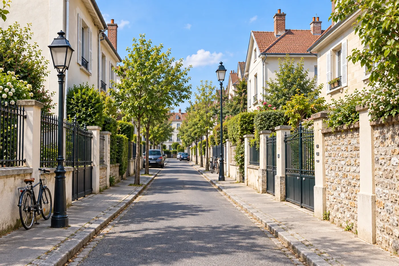 Rue pavillonnaire bordée de maisons en meulière, de grilles et de réverbères
