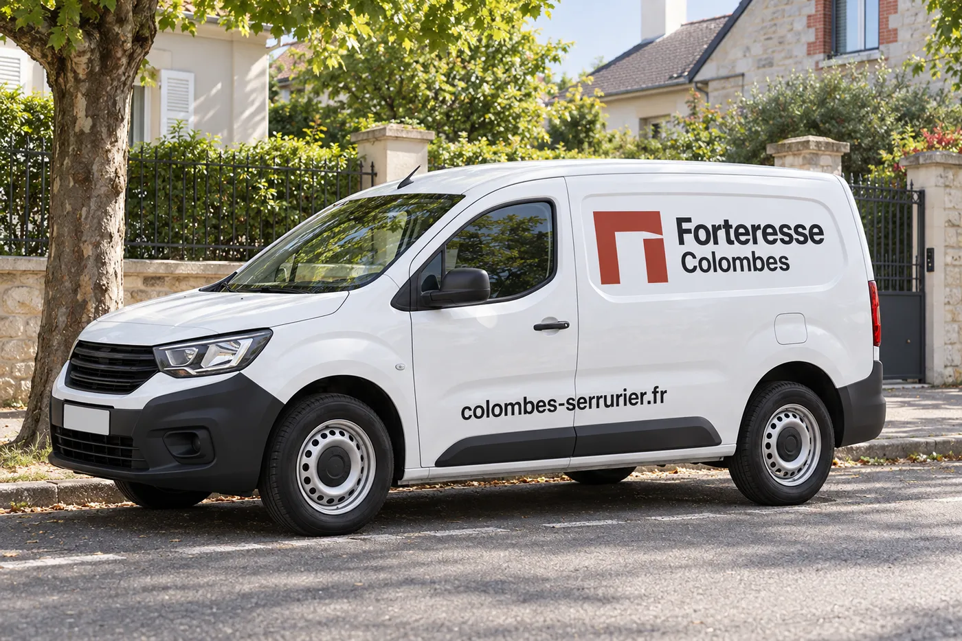 Utilitaire blanc aux couleurs de Forteresse Colombes garé dans une rue pavillonnaire